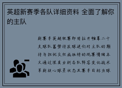 英超新赛季各队详细资料 全面了解你的主队
